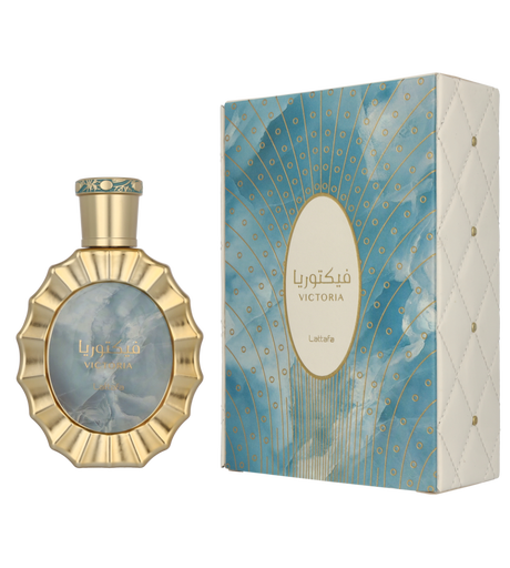 Lattafa Victoria 100ml - Frasco y caja Lattafa Victoria 100ml frasco con caja perfume árabe unisex floral frutal gourmand limón merengada neroli vainilla