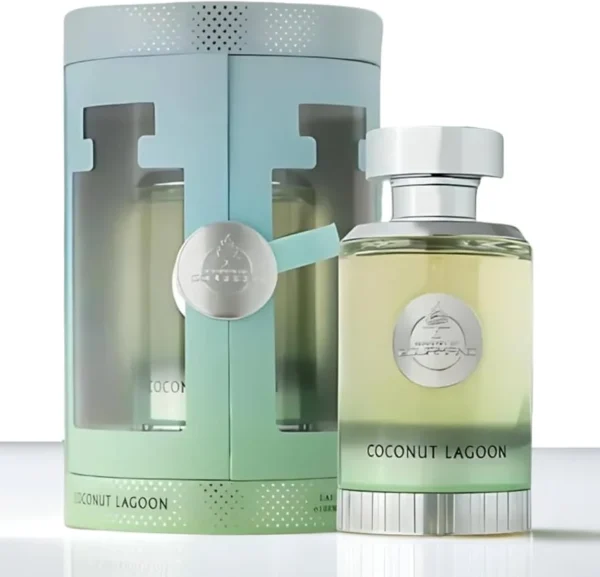 Estuche cilíndrico turquesa y verde de Coconut Lagoon 100 ml de Paris Corner con ventana troquelada, junto al frasco con emblema plateado