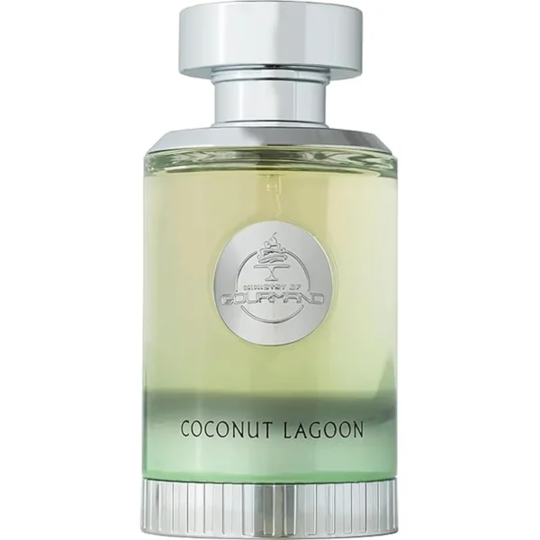 Frasco cilíndrico de Coconut Lagoon 100 ml de Paris Corner con degradado amarillo verdoso, emblema plateado Ministry of Gourmand y tapón cromado