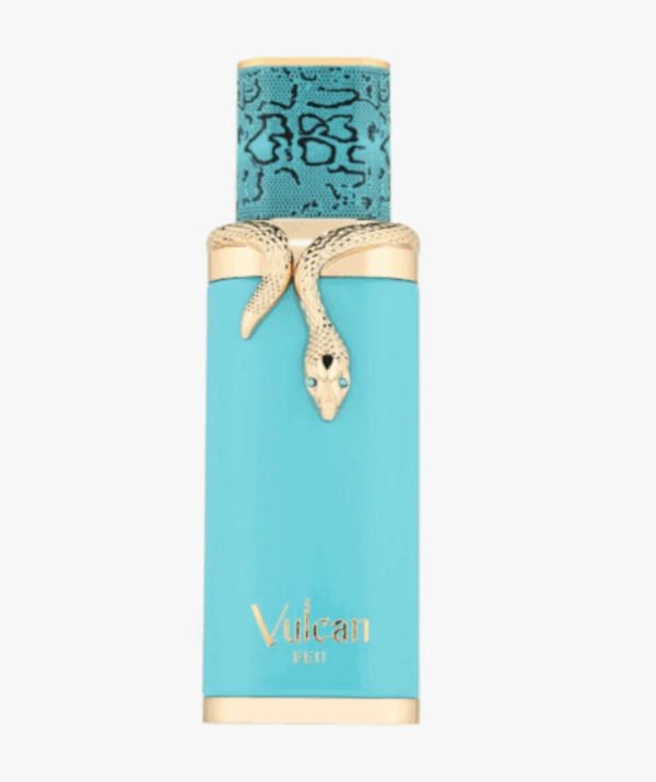 Frasco de perfume Vulcan Feu con diseño elegante en color azul, adornado con un tapón decorado con un patrón de serpiente y detalles dorados. Ideal para quienes buscan un aroma distintivo y sofisticado.