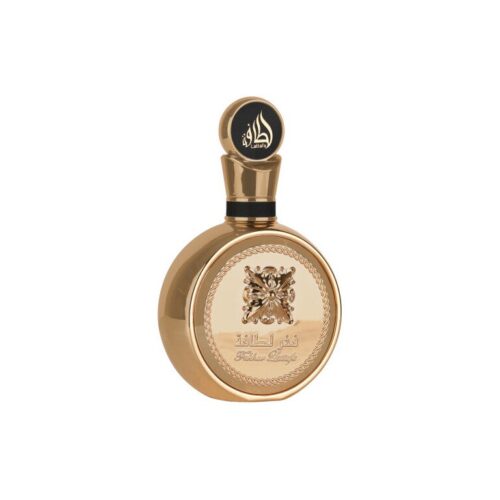 Frasco de perfume de la marca Lattafa, con diseño elegante y acabado dorado, ideal para ocasiones especiales.