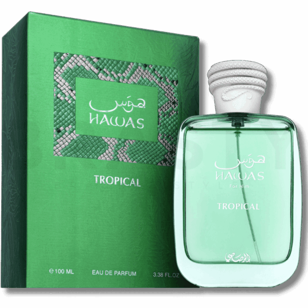 Rasasi Hawas Tropical 100ml frasco con caja perfume árabe hombre aromático verde fresco tropical