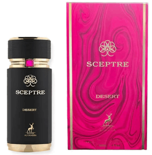 Frasco de perfume Sceptre Desert de Maison Alhambra, con diseño elegante en negro y dorado, acompañado de su caja rosa decorativa. Ideal para quienes buscan una fragancia distintiva y sofisticada.