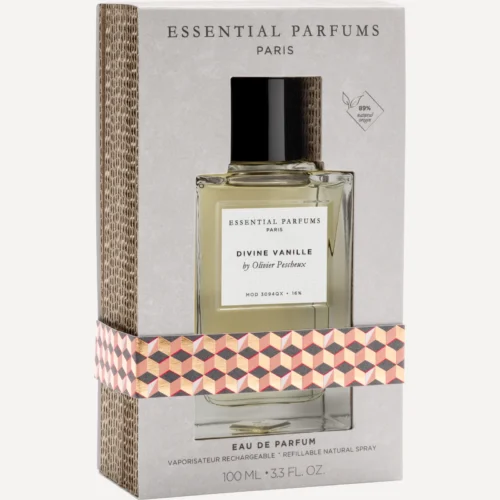 Estuche gris de Divine Vanille 100 ml de Essential Parfums en tres cuartos, con ventana troquelada, faja geométrica rosa y lomo de cartón ondulado