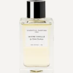 Frasco rectangular de cristal de Divine Vanille 100 ml de Essential Parfums con jugo amarillo pálido, tapón negro y etiqueta blanca