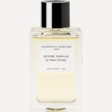 Frasco rectangular de cristal de Divine Vanille 100 ml de Essential Parfums con jugo amarillo pálido, tapón negro y etiqueta blanca