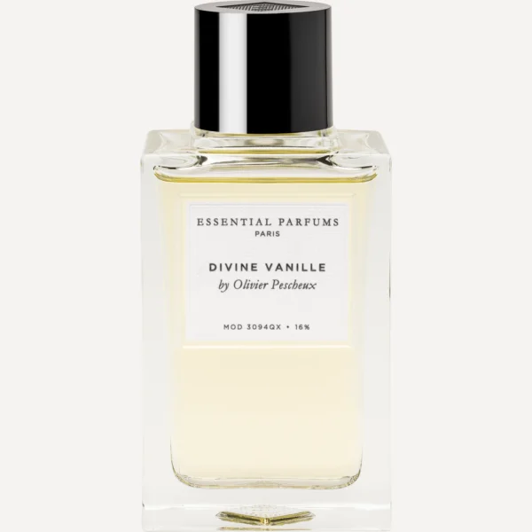 Frasco rectangular de cristal de Divine Vanille 100 ml de Essential Parfums con jugo amarillo pálido, tapón negro y etiqueta blanca