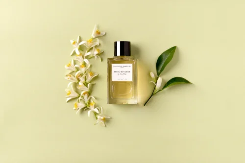 Essential Parfums Néroli Botanica 100 ml - Ambiente Frasco de Néroli Botanica sobre fondo verde claro entre una rama de flores de azahar abiertas y hojas de naranjo