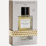 Estuche gris de Néroli Botanica 100 ml de Essential Parfums en tres cuartos, con ventana troquelada, faja geométrica dorada y lomo de cartón ondulado