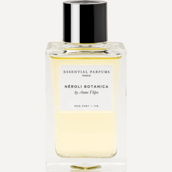 Frasco rectangular de cristal de Néroli Botanica 100 ml de Essential Parfums con jugo amarillo, tapón negro y etiqueta blanca