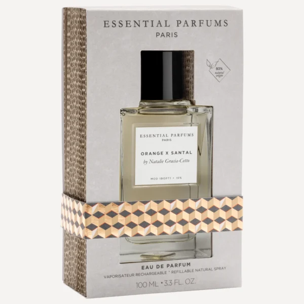 Essential Parfums Orange X Santal 100 ml con su estuche sobre fondo crema.