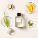 Frasco de Orange X Santal con naranja, hojas verdes, madera y musgo en composición cenital.