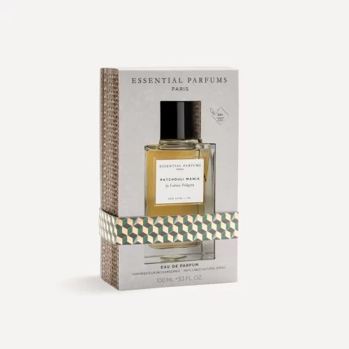 Essential Parfums Patchouli Mania 100ml - Frasco y caja Essential Parfums Patchouli Mania 100ml frasco con caja perfume nicho unisex amaderado pachulí