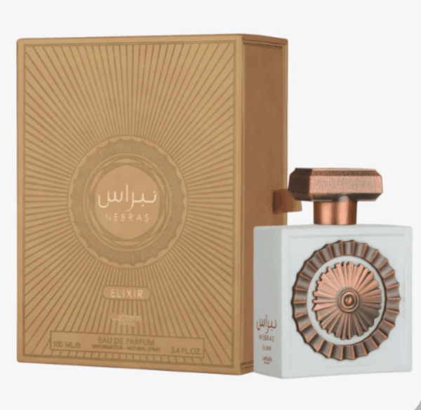 Lattafa Pride Nebras Elixir 100ml frasco con caja perfume árabe unisex gourmand vainilla cremoso caramelo y nata