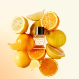 Frasco de Nice Bergamote Extrait entre limones y naranjas partidos y chorreantes sobre fondo degradado en tonos crema y naranja