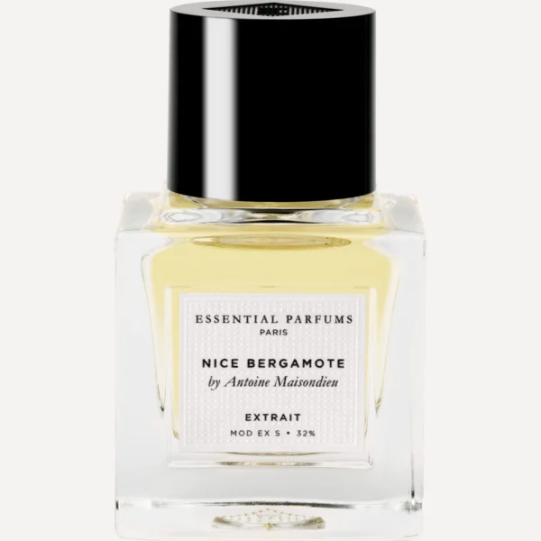 Frasco cuadrado de cristal transparente de Nice Bergamote Extrait 30 ml de Essential Parfums con jugo amarillo, tapón negro y etiqueta blanca
