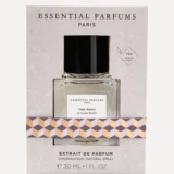 Estuche gris texturizado de The Musc Extrait 30 ml de Essential Parfums con ventana troquelada, frasco visible y faja geométrica dorada