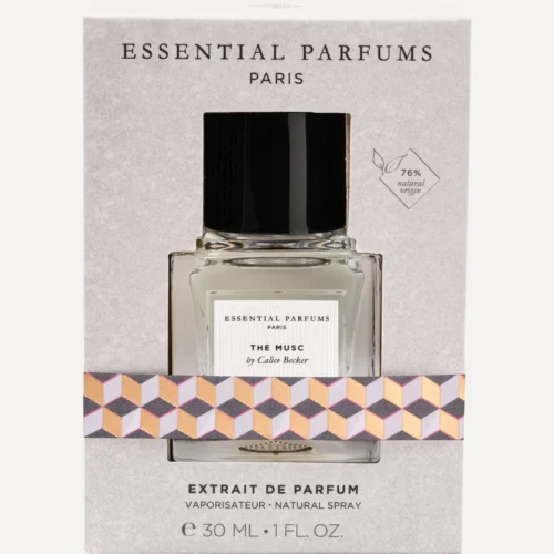 Estuche gris texturizado de The Musc Extrait 30 ml de Essential Parfums con ventana troquelada, frasco visible y faja geométrica dorada