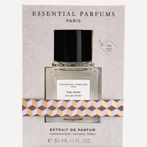 Estuche gris texturizado de The Musc Extrait 30 ml de Essential Parfums con ventana troquelada, frasco visible y faja geométrica dorada