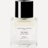 Frasco cuadrado de cristal transparente de The Musc Extrait 30 ml de Essential Parfums con tapón negro brillante y etiqueta blanca