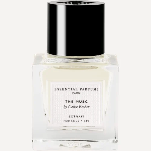 Frasco cuadrado de cristal transparente de The Musc Extrait 30 ml de Essential Parfums con tapón negro brillante y etiqueta blanca