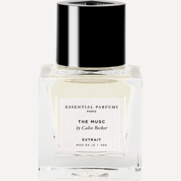 Frasco cuadrado de cristal transparente de The Musc Extrait 30 ml de Essential Parfums con tapón negro brillante y etiqueta blanca