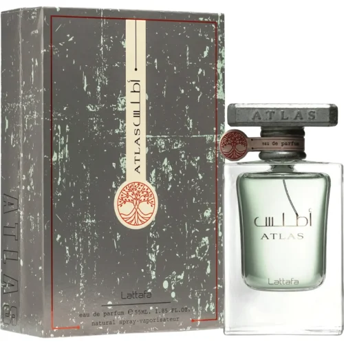 Lattafa Atlas 55 ml - Estuche Estuche gris envejecido de Lattafa Atlas 55 ml con árbol rojo y caligrafía árabe, junto al frasco de cristal con tapón metálico
