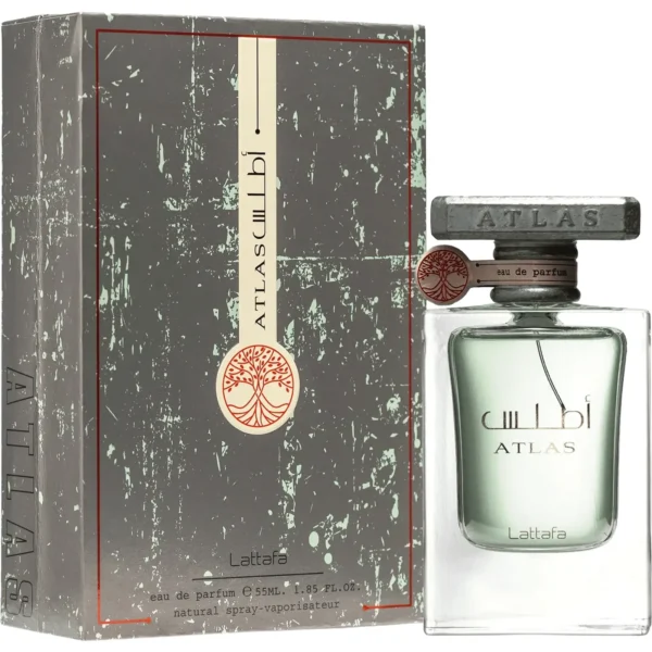 Estuche gris envejecido de Lattafa Atlas 55 ml con árbol rojo y caligrafía árabe, junto al frasco de cristal con tapón metálico