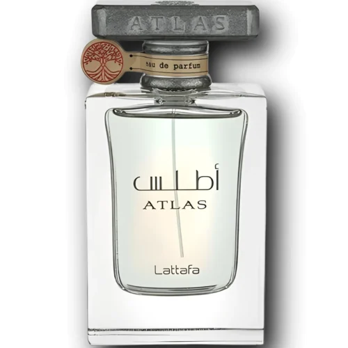 Lattafa Atlas 55 ml - Frasco Frasco rectangular de cristal transparente de Lattafa Atlas 55 ml con jugo verde claro, tapón metálico grabado ATLAS y medallón con árbol rojo