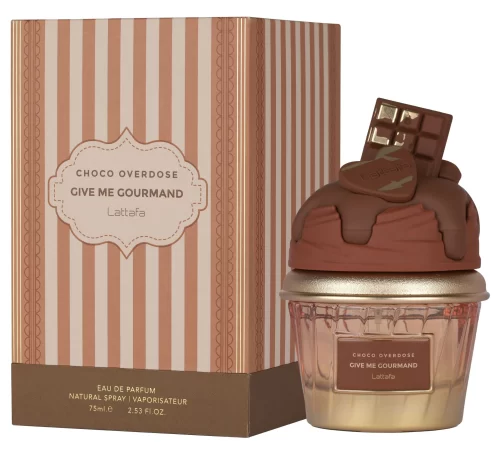 Lattafa Choco Overdose 75ml frasco con caja perfume árabe unisex gourmand achocolatado dulce cacao vainilla caramelo