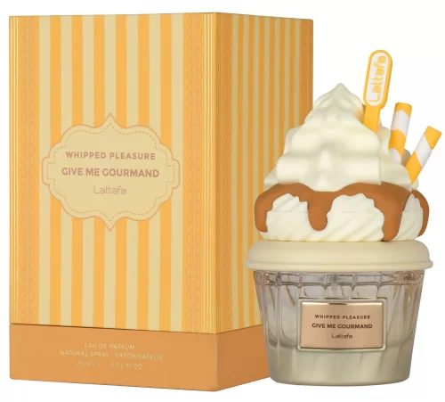 Lattafa Whipped Pleasure 75ml frasco con caja perfume árabe unisex gourmand caramelo palomitas leche cremoso