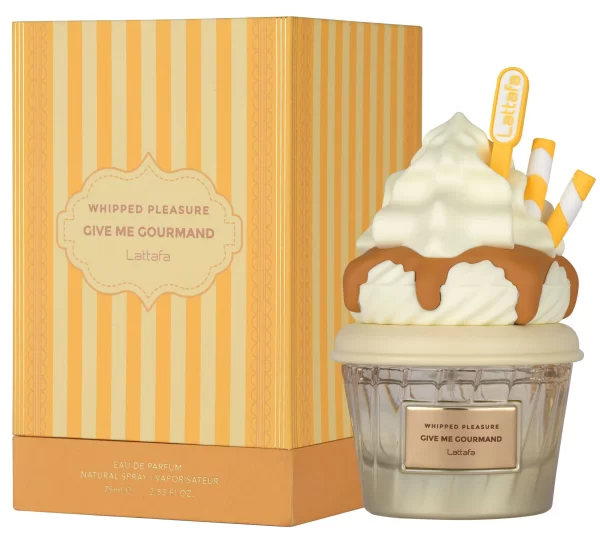 Lattafa Whipped Pleasure 75ml frasco con caja perfume árabe unisex gourmand caramelo palomitas leche cremoso
