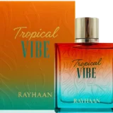 Rayhaan Tropical Vibe 100ml frasco con caja perfume árabe unisex tropical mango piña ron flores blancas vetiver