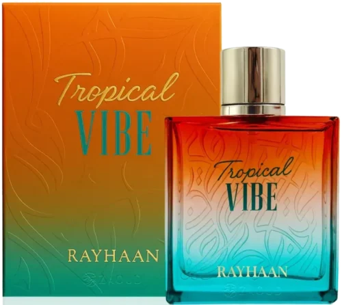 Rayhaan Tropical Vibe 100ml frasco con caja perfume árabe unisex tropical mango piña ron flores blancas vetiver
