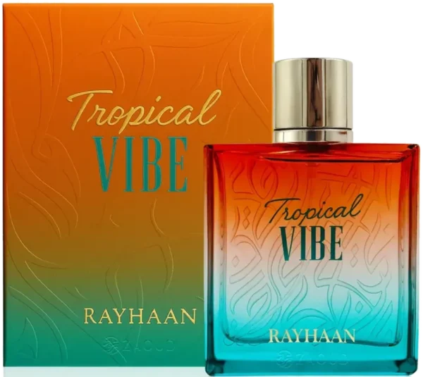 Rayhaan Tropical Vibe 100ml frasco con caja perfume árabe unisex tropical mango piña ron flores blancas vetiver