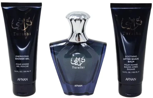 Set Afnan Turathi Blue perfume árabe hombre EDP 90ml gel de ducha y bálsamo aftershave en estuche de regalo