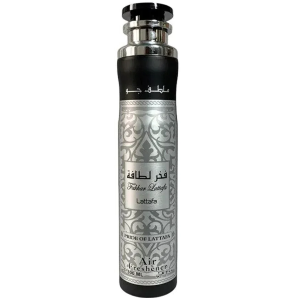 Ambientador Lattafa Fakhar Silver 300ml spray de hogar árabe aroma amaderado aromático fresco manzana y cedro
