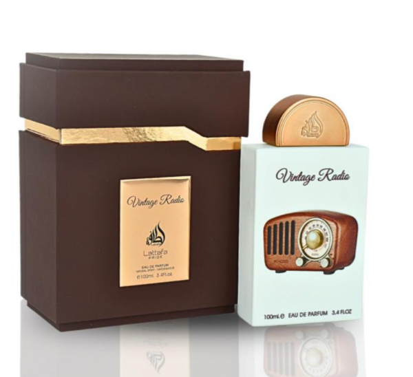 Lattafa Vintage Radio 100ml frasco con caja perfume árabe unisex amaderado aromático afrutado