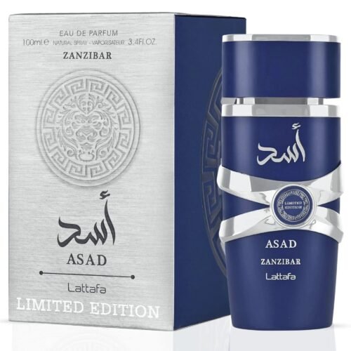 Lattafa Asad Zanzibar Limited Edition 100ml - Frasco y caja Asad Zanzibar Limited Edition 100ml frasco con caja perfume árabe hombre especiado marino lavanda y sándalo