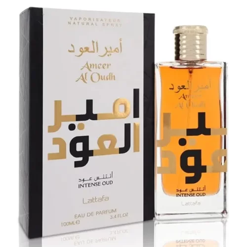 Lattafa Ameer Al Oudh Intense Oud 100ml - Frasco y caja Lattafa Ameer Al Oudh Intense Oud 100ml frasco con caja perfume árabe unisex ámbar amaderado oud vainilla sándalo
