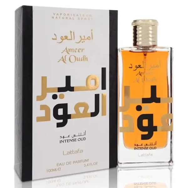 Lattafa Ameer Al Oudh Intense Oud 100ml frasco con caja perfume árabe unisex ámbar amaderado oud vainilla sándalo