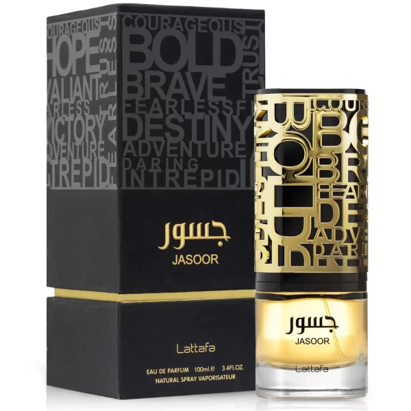 Lattafa Jasoor 100ml frasco con caja perfume árabe masculino amaderado aromático manzana tabaco cuero dulce