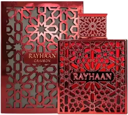 Rayhaan Crimson 100ml - Frasco y caja Rayhaan Crimson 100ml frasco con caja perfume árabe unisex especiado canela pimienta rosa sándalo benjuí ámbar