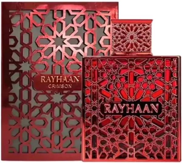 Rayhaan Crimson 100ml frasco con caja perfume árabe unisex especiado canela pimienta rosa sándalo benjuí ámbar