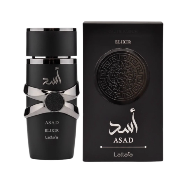 Lattafa Asad Elixir 100ml frasco con caja perfume árabe hombre amaderado especiado oscuro intenso