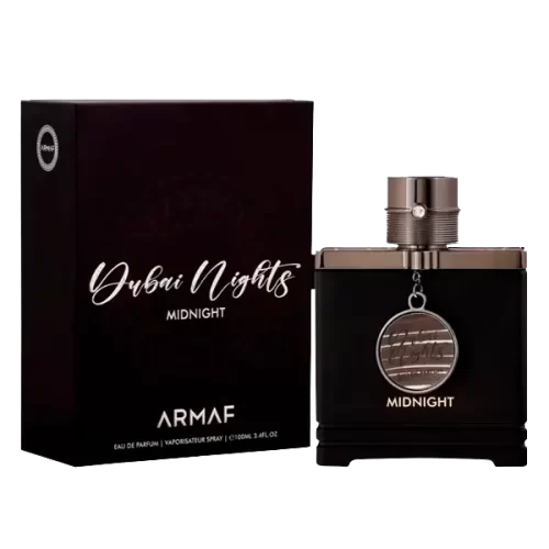 Perfume Armaf Dubai Nights Midnight 100 ml - Frasco y caja Frasco y estuche original del perfume Armaf Dubai Nights Midnight EDP 100 ml en presentación premium