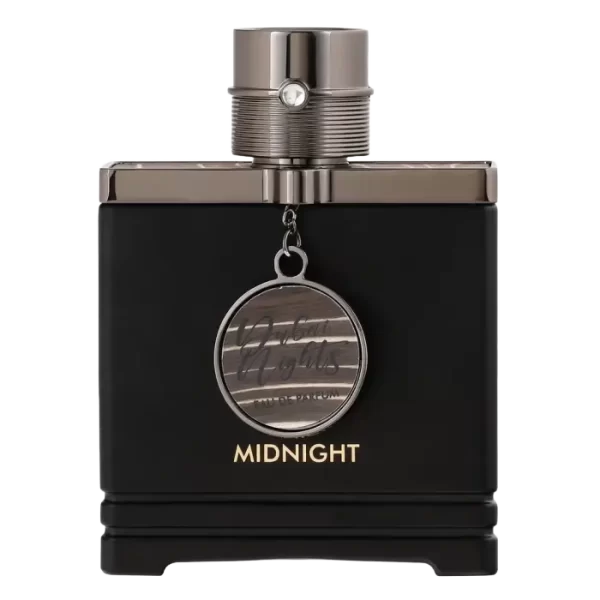 Frasco oscuro del perfume Armaf Dubai Nights Midnight Eau de Parfum 100 ml con detalles dorados