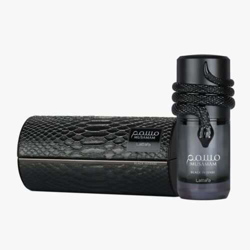 Lattafa Musamam Black Intense 100ml - Frasco y caja Lattafa Musamam Black Intense 100ml frasco con caja perfume árabe unisex amaderado aromático lavanda cacao oscuro