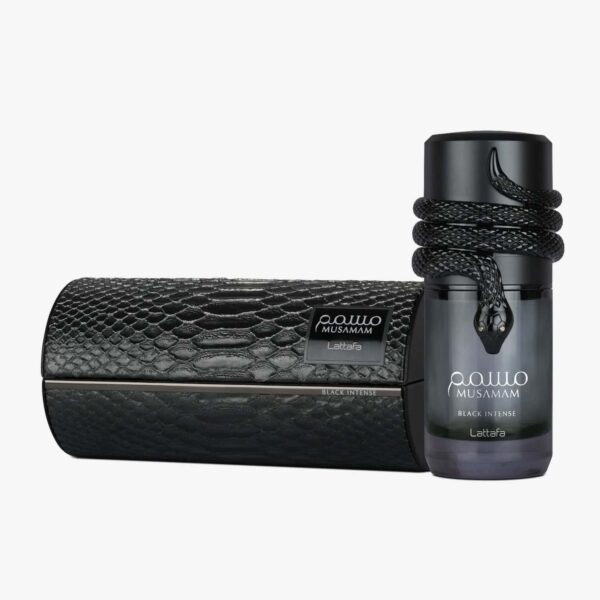 Lattafa Musamam Black Intense 100ml frasco con caja perfume árabe unisex amaderado aromático lavanda cacao oscuro