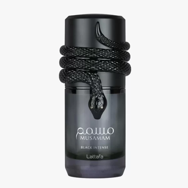 Perfume Lattafa Musamam Black Intense 100ml frasco árabe unisex amaderado aromático lavanda cacao tonka pachulí